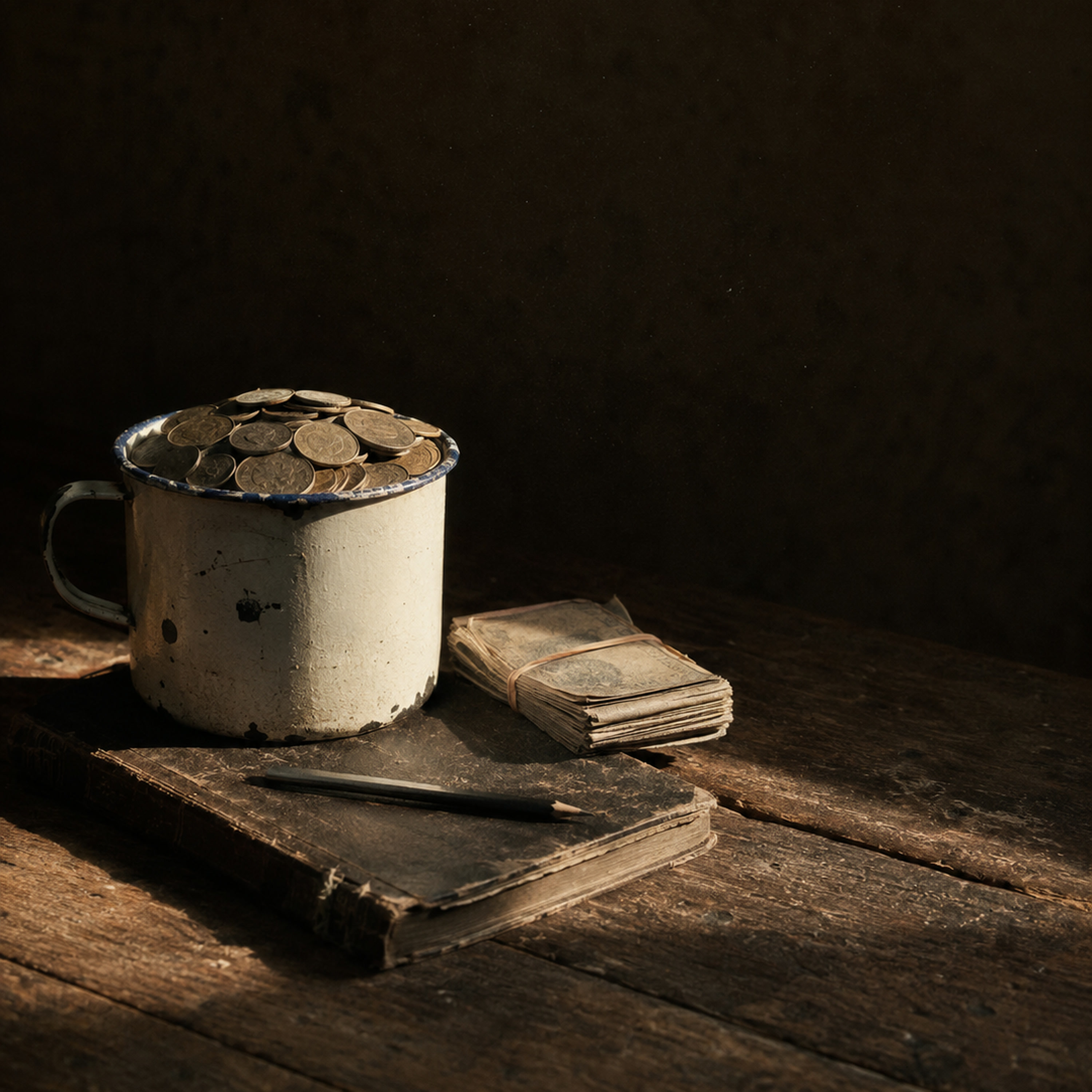 Ons Sal Self — a tin mug of coins on a worn wooden table