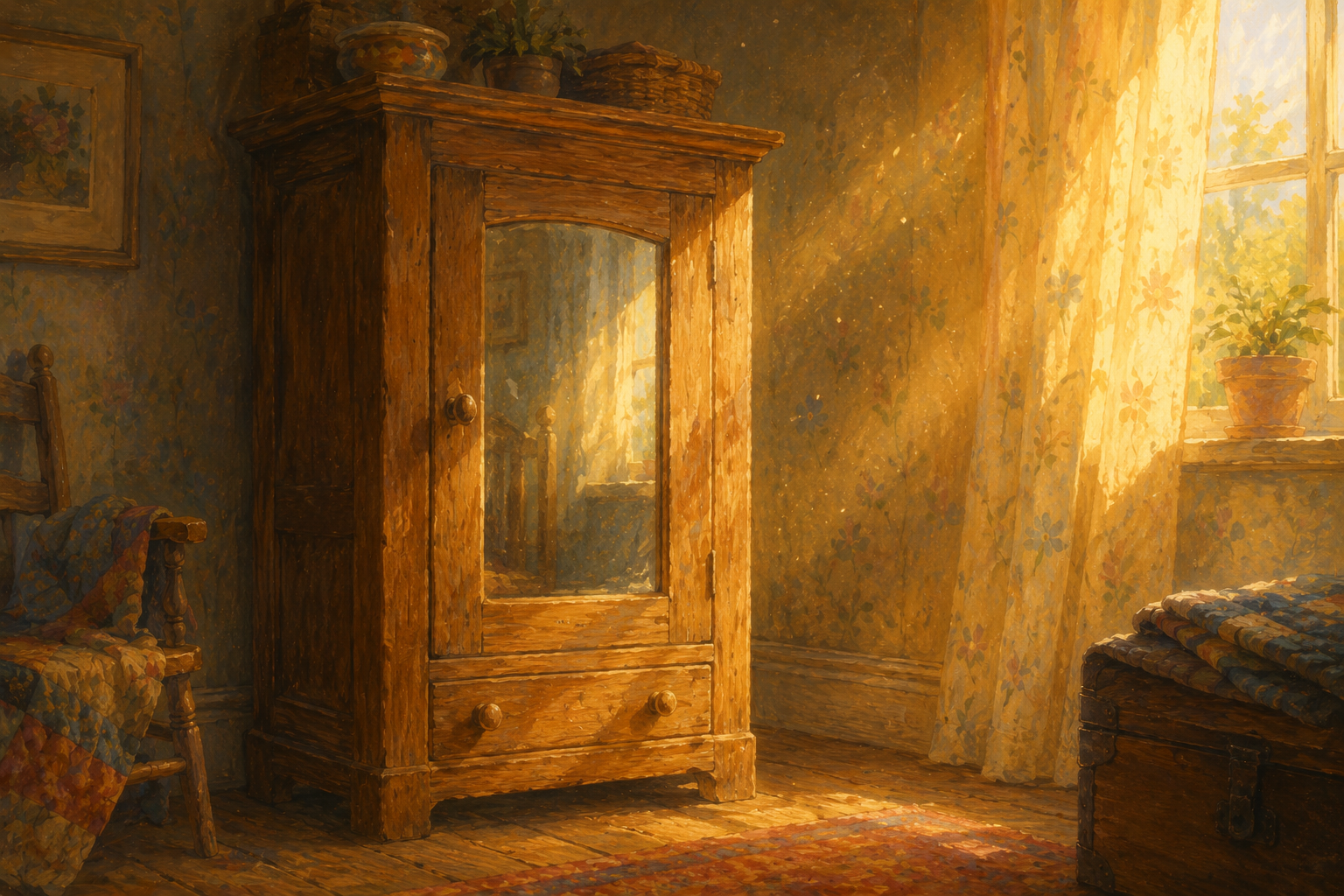 An old wooden cupboard with a little mirror door, in the corner of a sunlit spare room, dust turning slowly in a sunbeam.