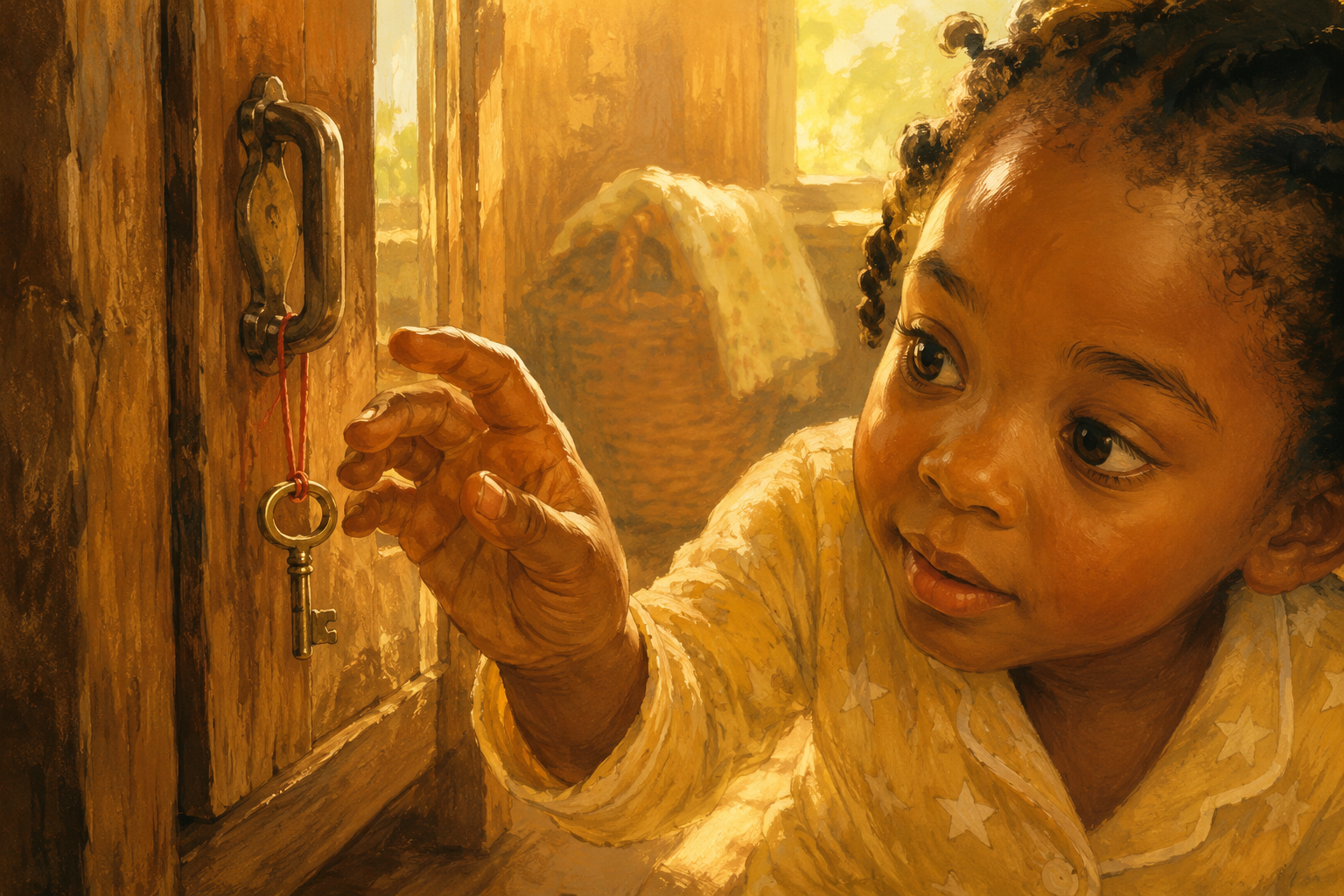 A small brass key on a red thread hangs from the cupboard's handle; a curious girl reaches for it.