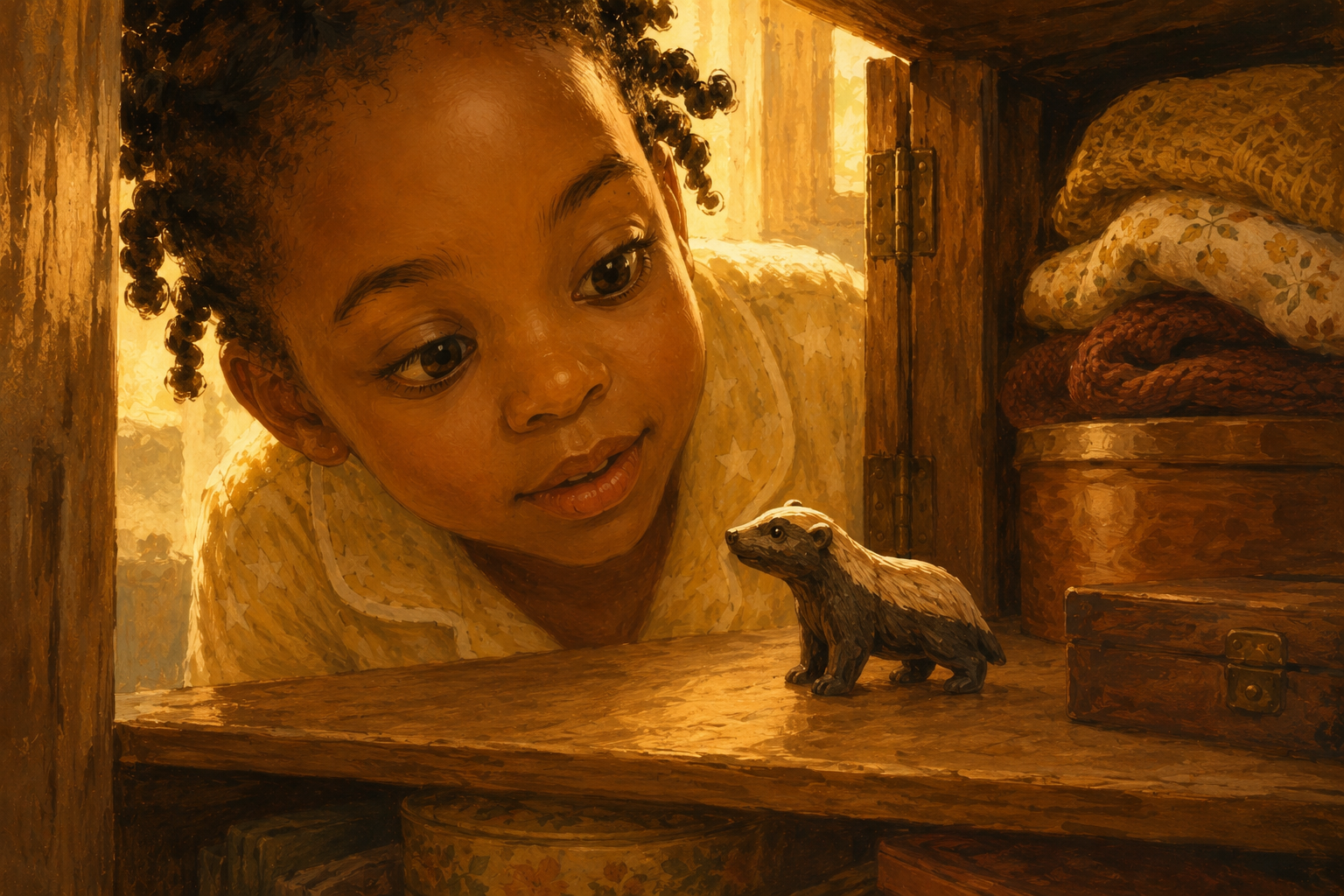 Inside the cupboard, on the shelf, sits a tiny hand-carved wooden honey badger the size of a teaspoon.