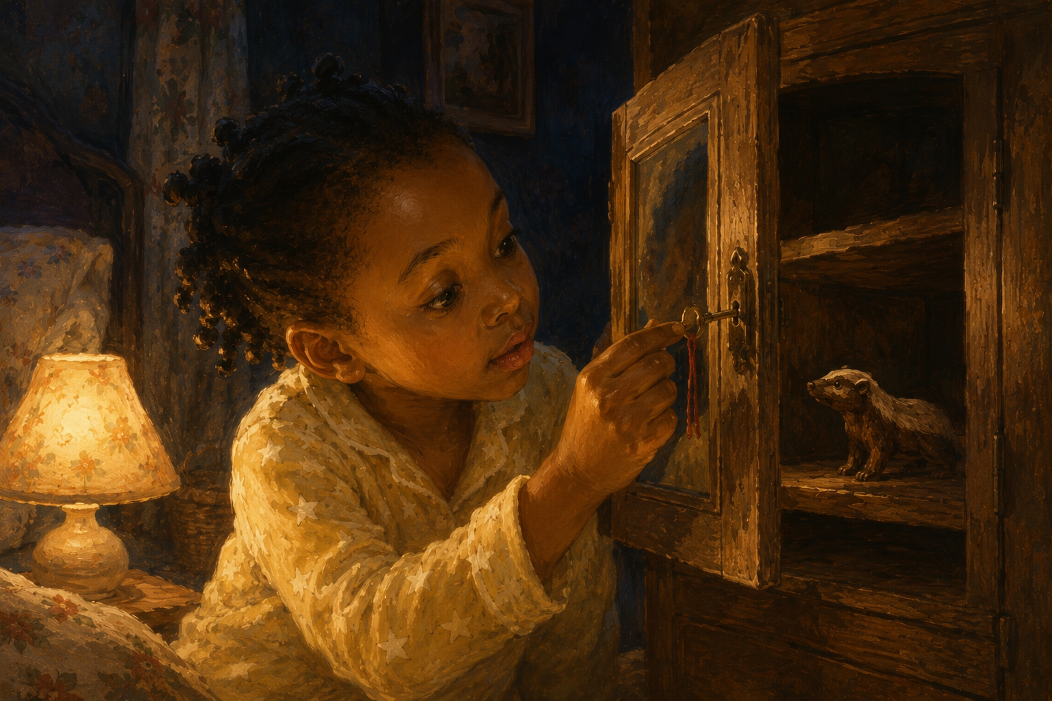Night. The girl in pajamas turns the small brass key in the cupboard's mirror door by lamplight. The carving is inside. No creature is awake yet.