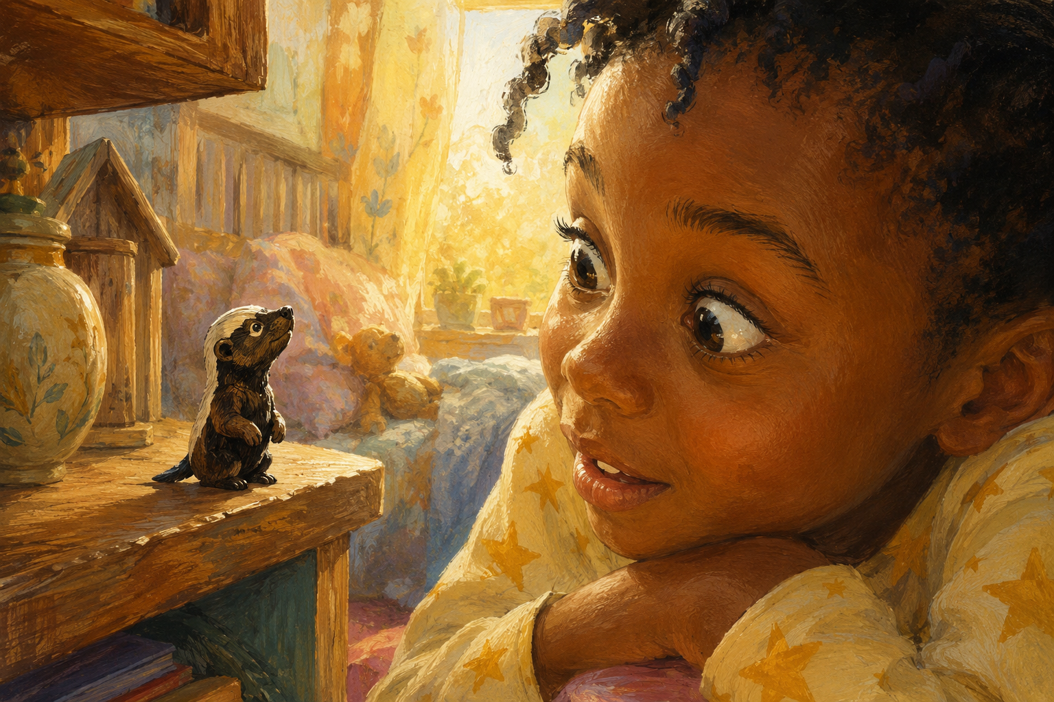 HERO SPREAD. Morning light. The tiny honey badger is fully awake, standing on the shelf, breathing, blinking up at an enormous wondering girl whose face fills the other half of the spread.