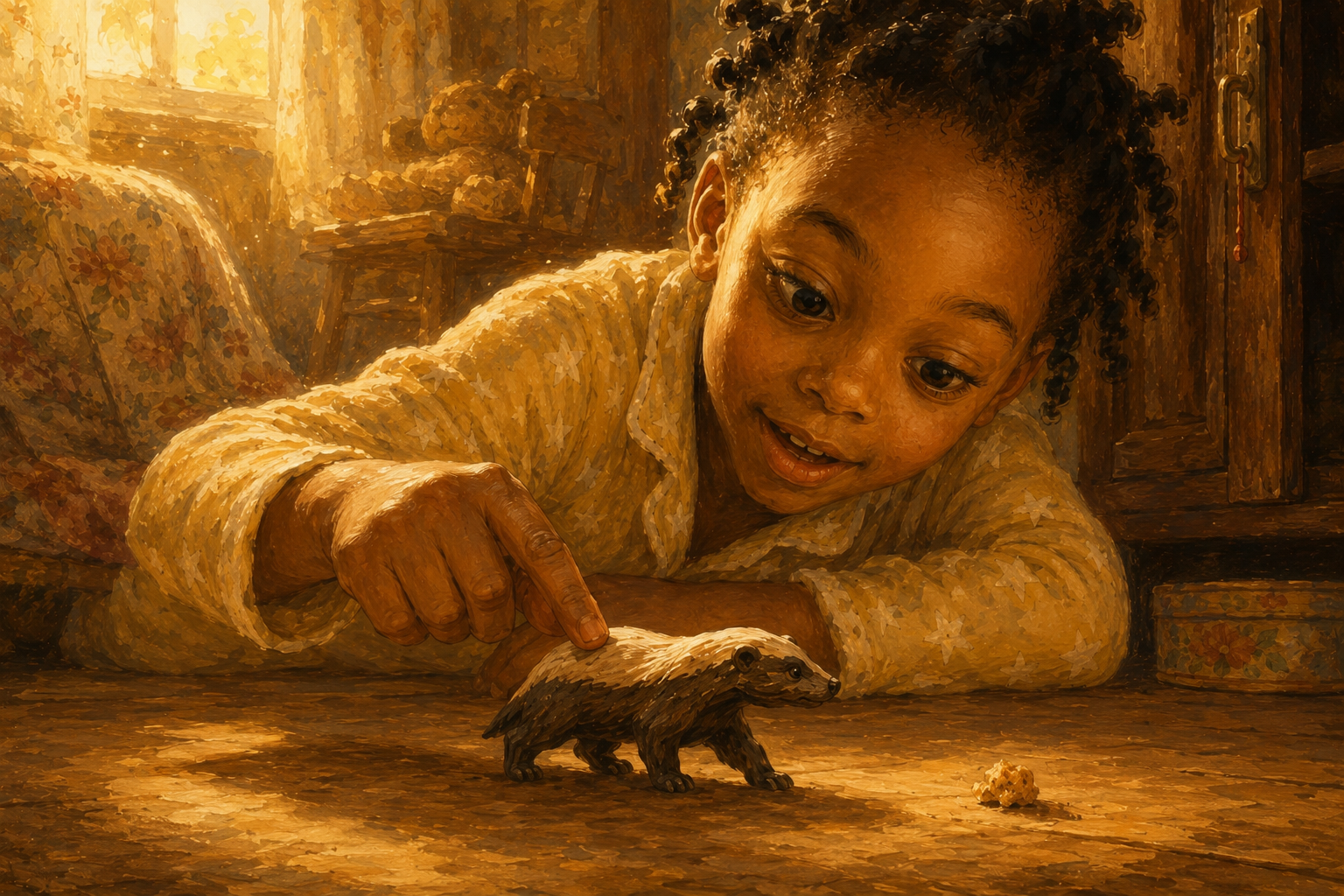 The girl plays with the little badger like a toy soldier — pushing him to march, holding out a crumb to fetch — and his small face is stubborn and unhappy.