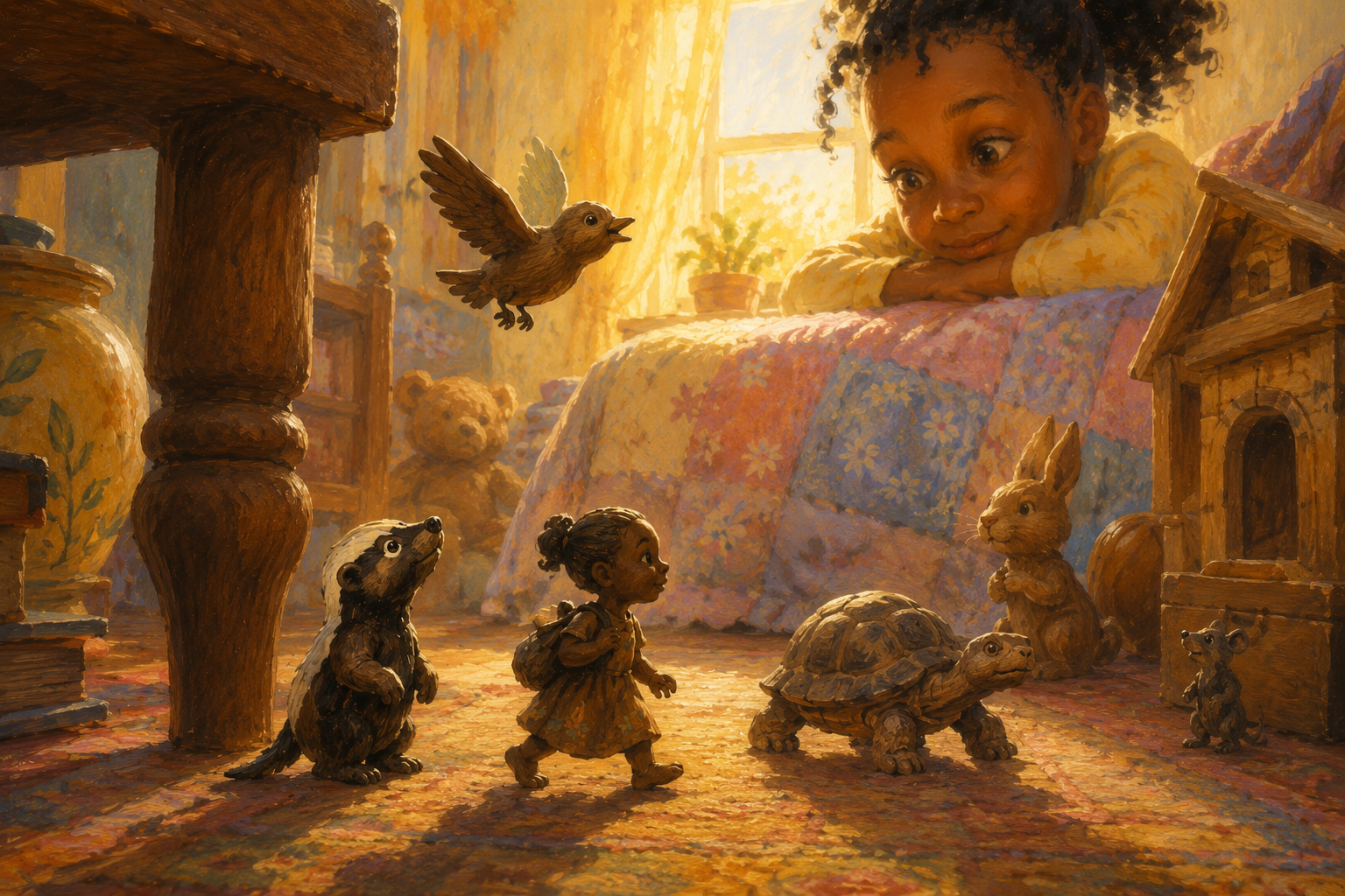 COMPOSITE SPREAD. The same bedroom seen small, with the other carved creatures now also awake and superimposed into the scene: a wooden bird in flight, a wooden tortoise crossing the rug, and a girl no bigger than a thumb — each a life of its own among the giant furniture.