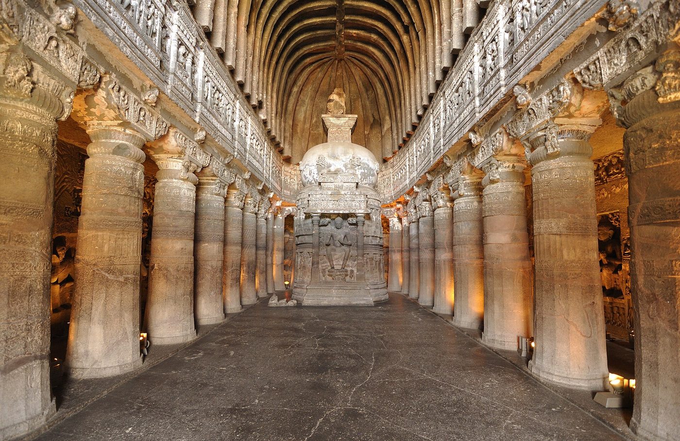 Cave 26 at Ajanta — the elder sibling: the Deccan's painted Buddhist gorge, a hundred kilometres away.