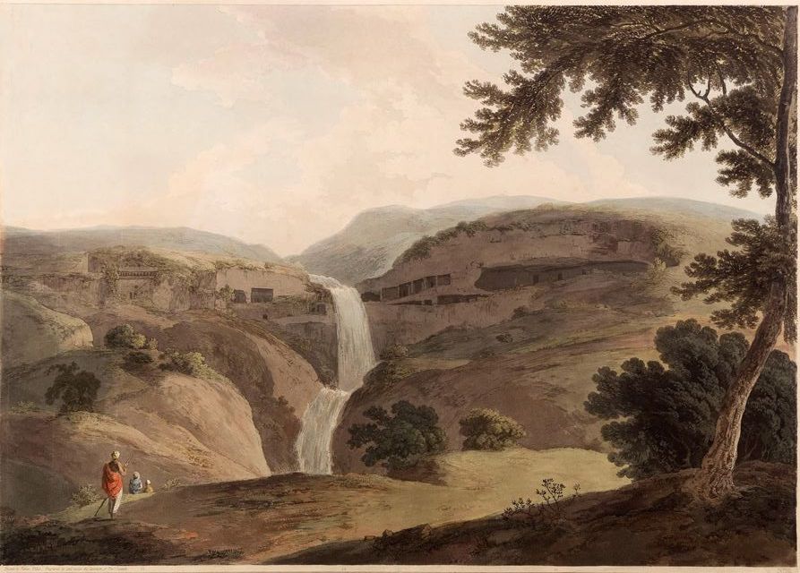 The rock-cut country through colonial eyes — a Daniell aquatint after James Wales, from *Oriental Scenery* (1803).