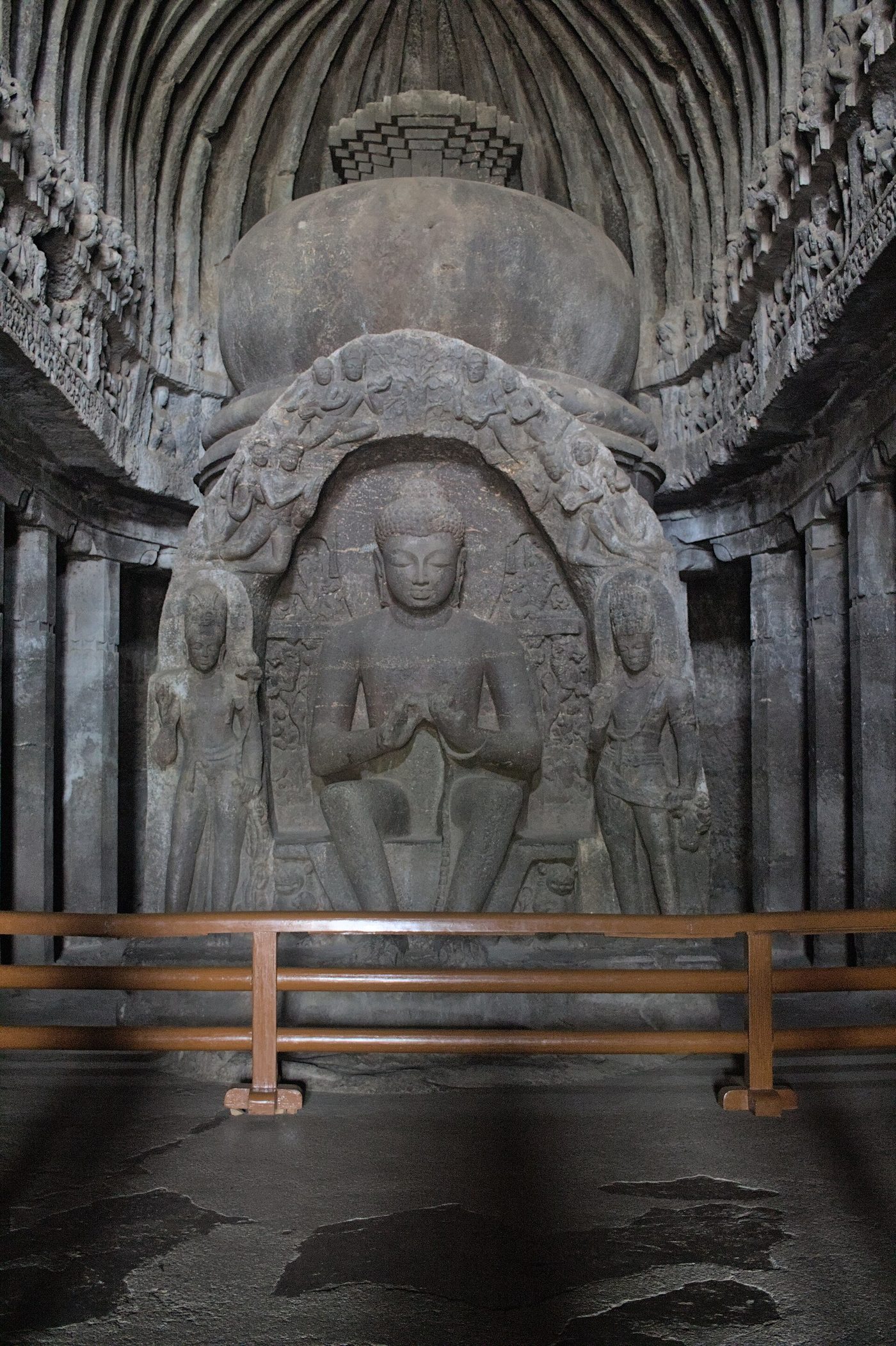 Cave 10, the Buddhist chaitya — a vaulted prayer hall whose stone ribs remember carpentry.