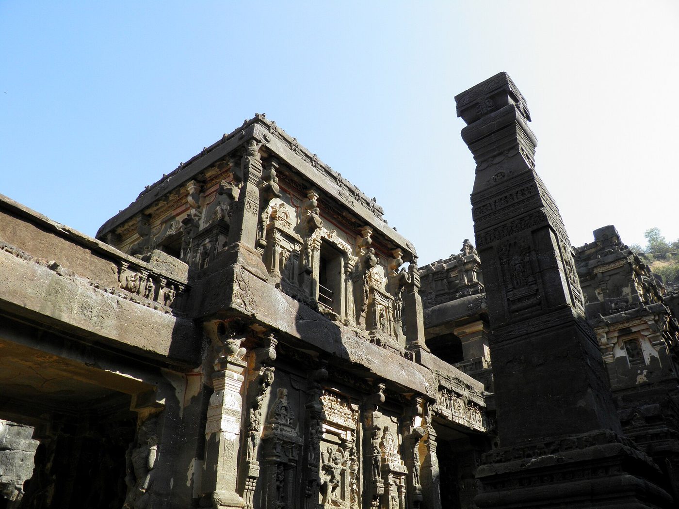 The Kailasanatha temple, Cave 16 — thirty-two metres of freestanding architecture, all one piece of rock.