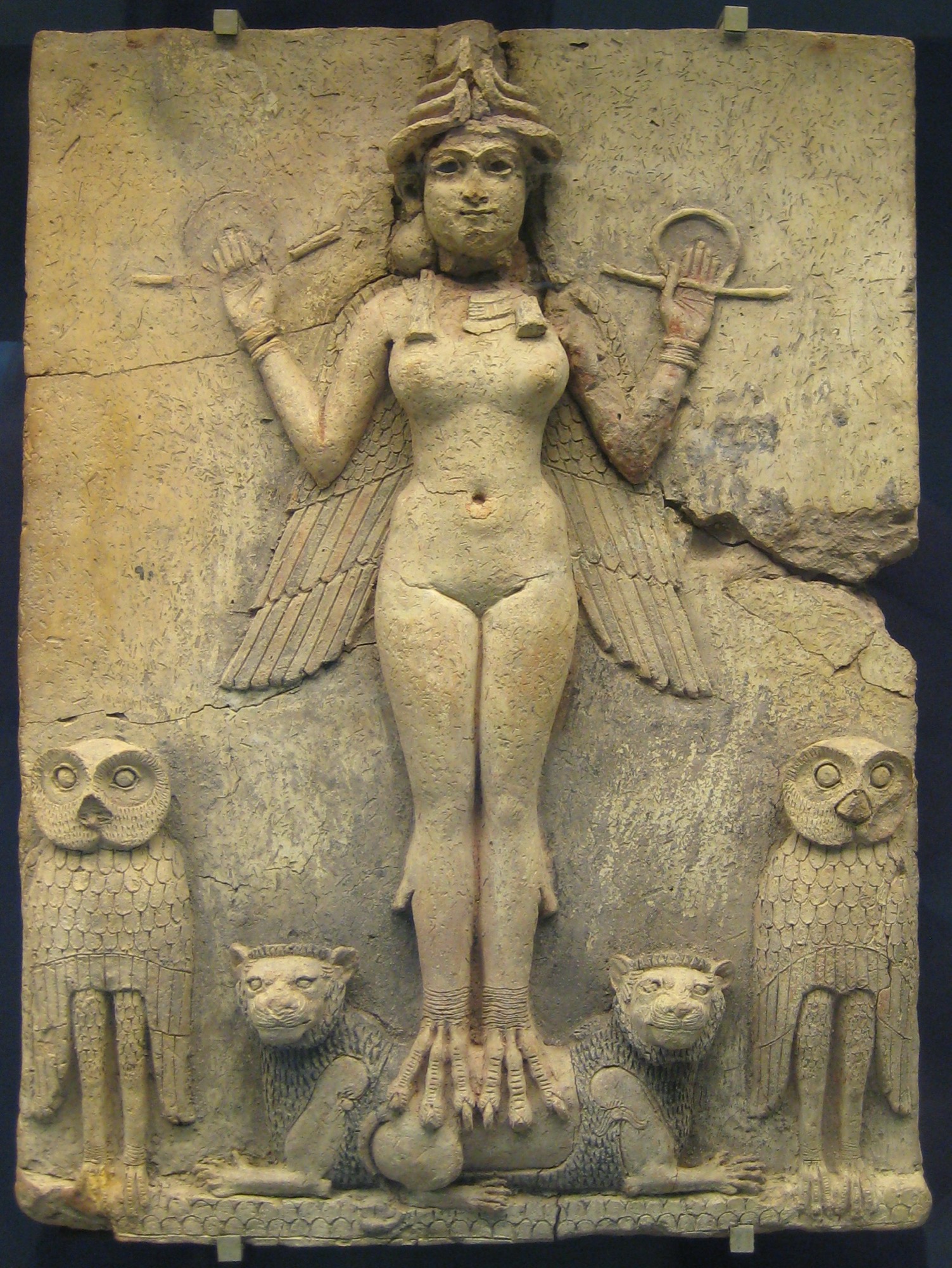 The Burney Relief — winged goddess with owls and lions, British Museum